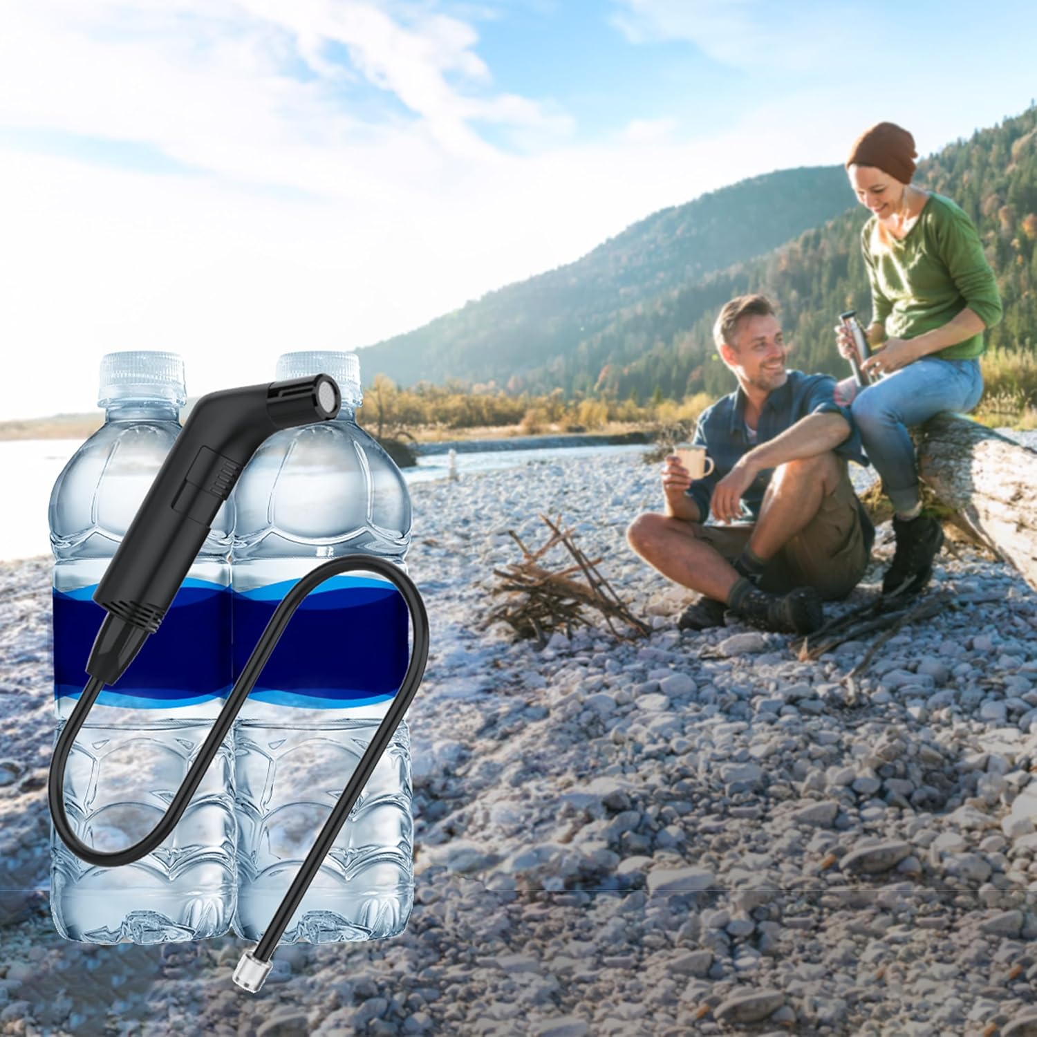 A Green Lion Compact Bidet Sprayer is Placed Along with Water Bottles Used by Couples While Travelling.