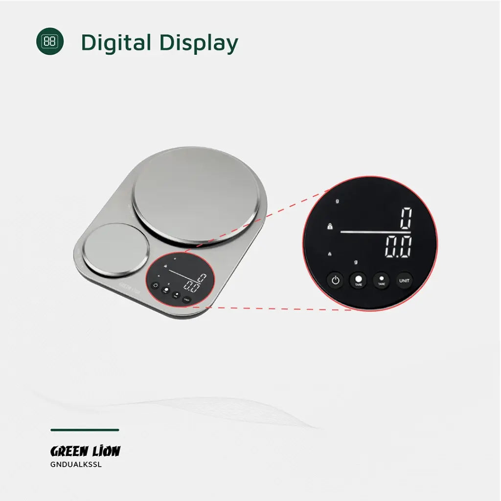 Digital Display of Green Lion Dual Kitchen Scale.