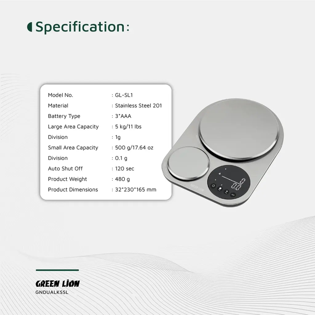 Green Lion Dual Kitchen Scale with all its specifications.