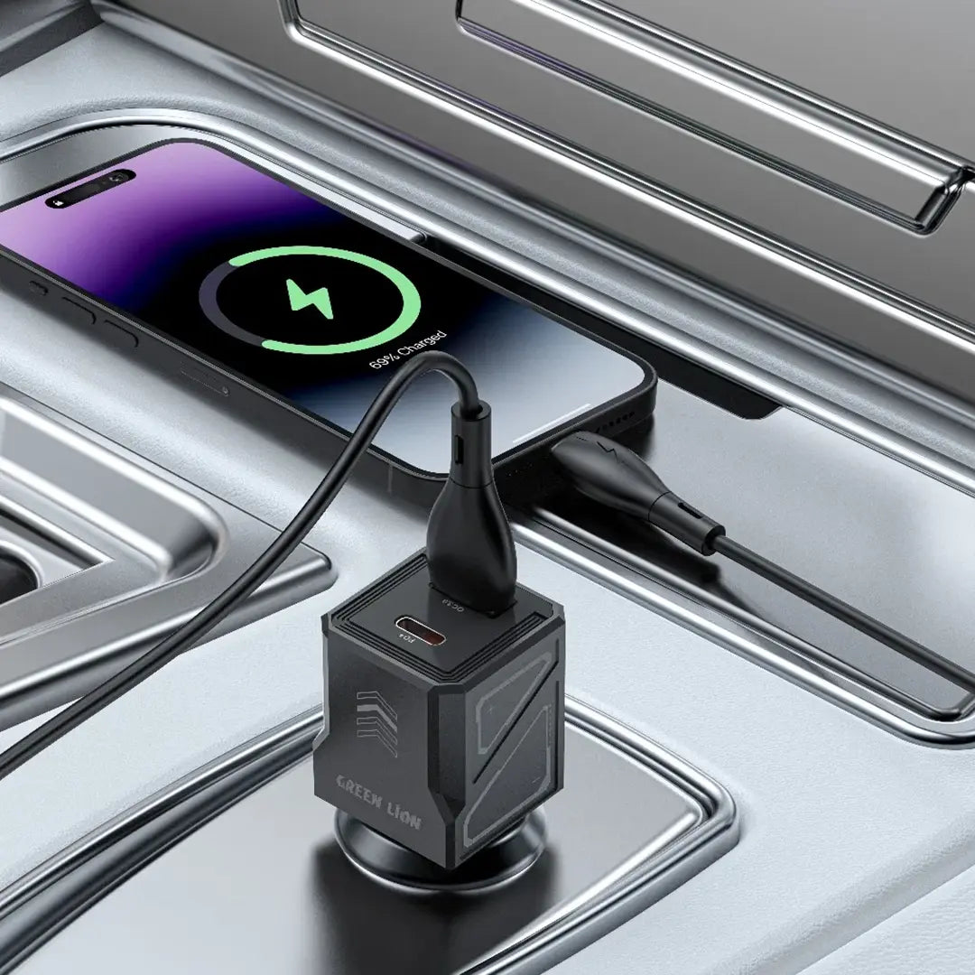 Charging a Mobile Phone in a Car Using Green Lion Dual Volt Car Charger 60W.