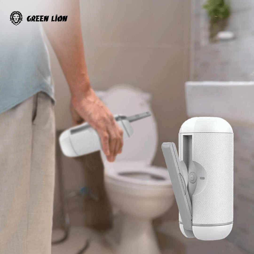 A Person is Holding Green Lion Electric Pocket Bidet.