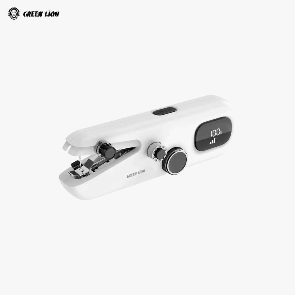 White Green Lion Handheld Sewing Machine with digital display on a white background