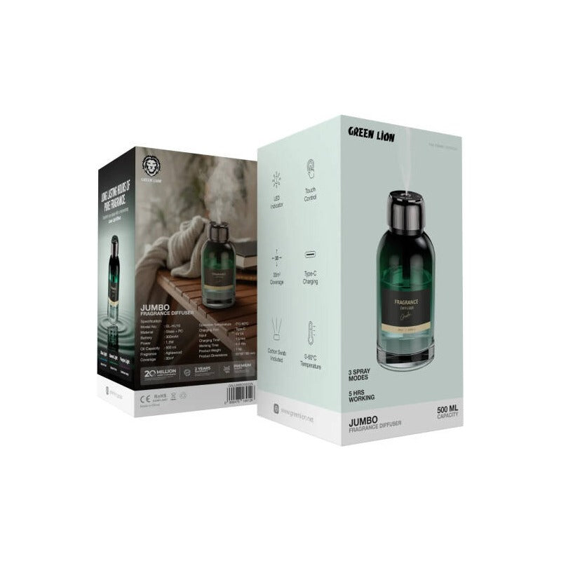 Two packaging boxes for a product named 'Green Lion Jumbo Fragrance Diffuser' on a white background