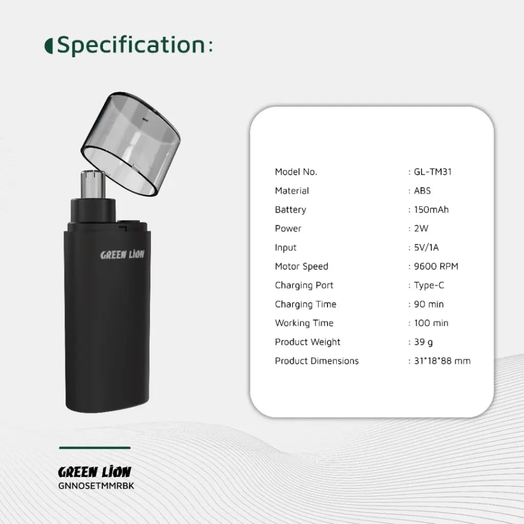 Specification Of Green Lion Nose Pro Nose and Ear Trimmer.