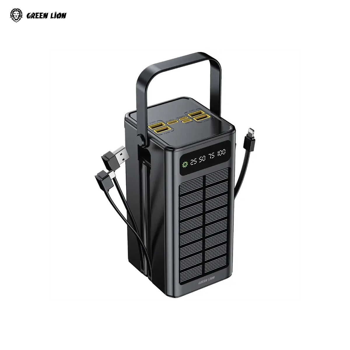 Black Green Lion Solar X 60000mAh Power Bank with solar panel and cables on a white background