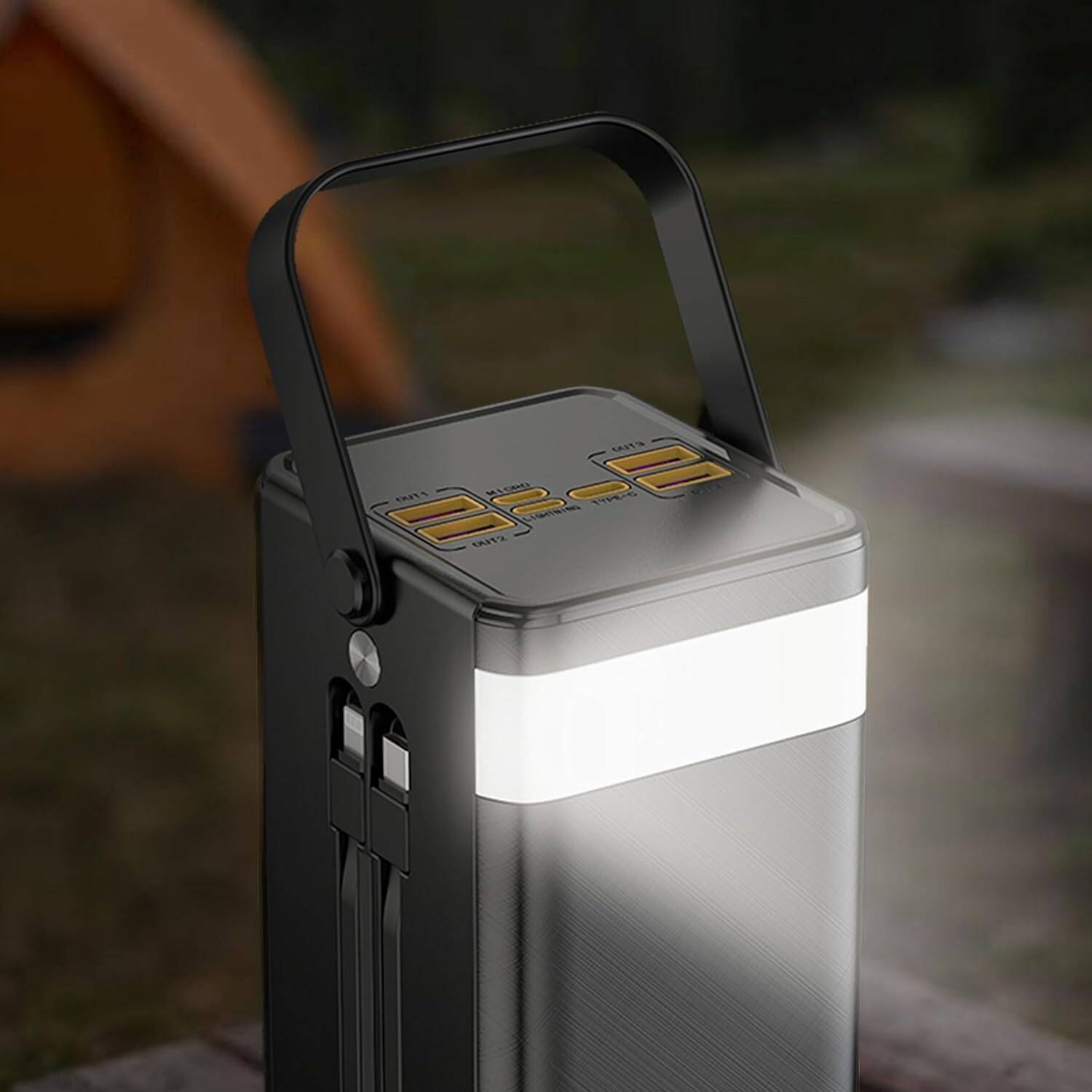 Green Lion Solar Power Bank Portable camping lantern with light in an outdoor setting