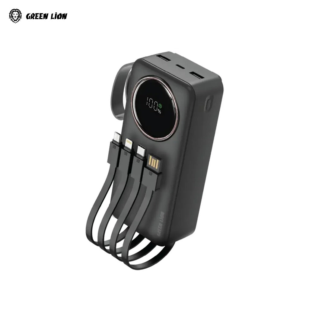 Black Power Pulse Power Bank with multiple ports and a digital display on a white background, featuring the Green Lion brand.