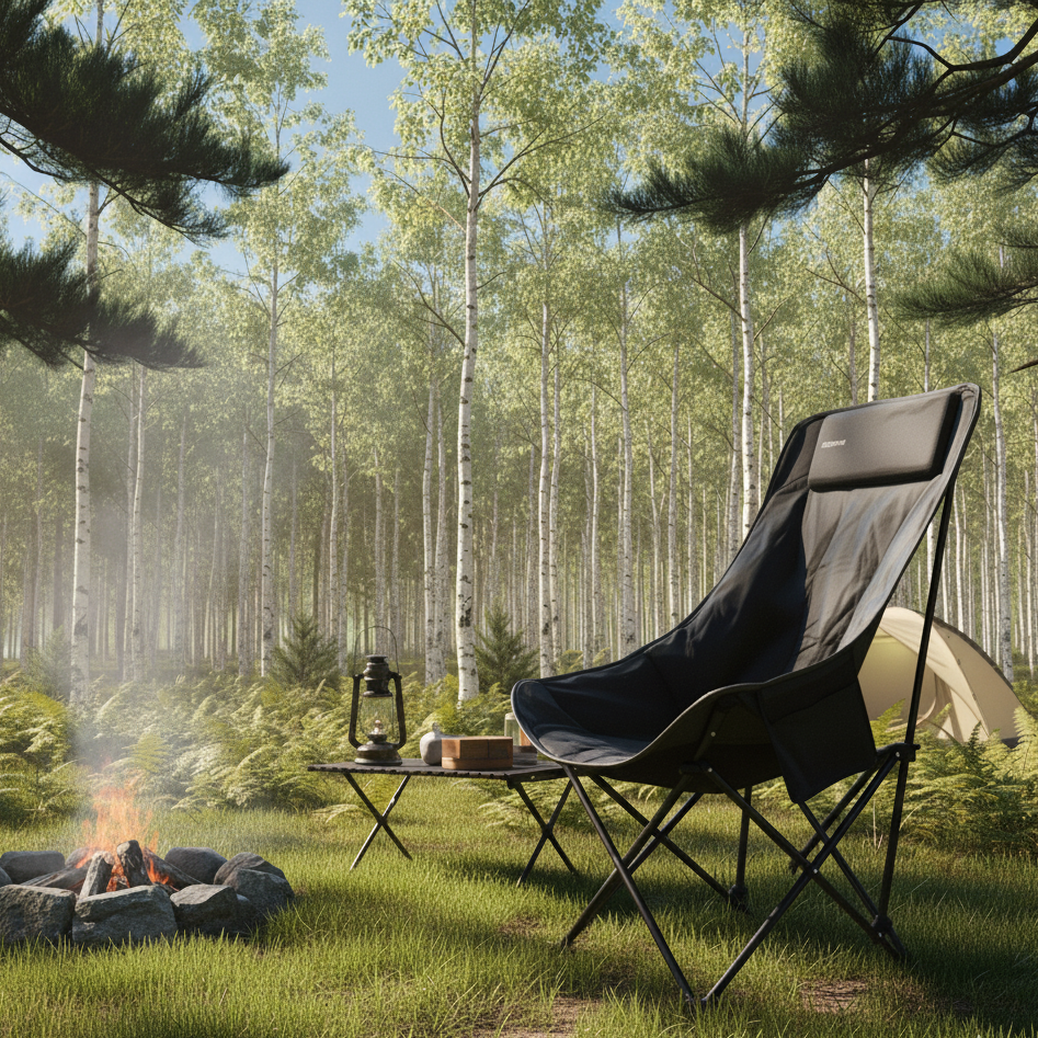 A Green Lion Ranger Foldable Camping Chair is Installed Near Camping Area.