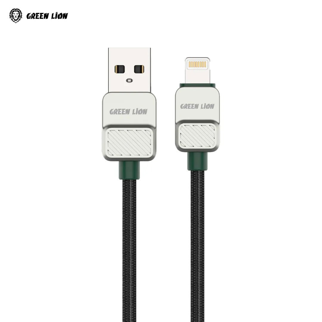 A Green Lion USB-C to Lightning Braided Cable with a black braided body, a white USB-A connector, and a white Lightning connector, shown on a plain white background with the brand logo in the top-left corner.
