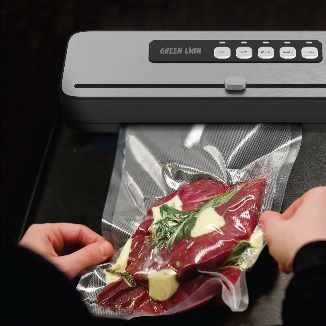 A Person is Sealing Product Using Green Lion Vacuum Sealer Pro.
