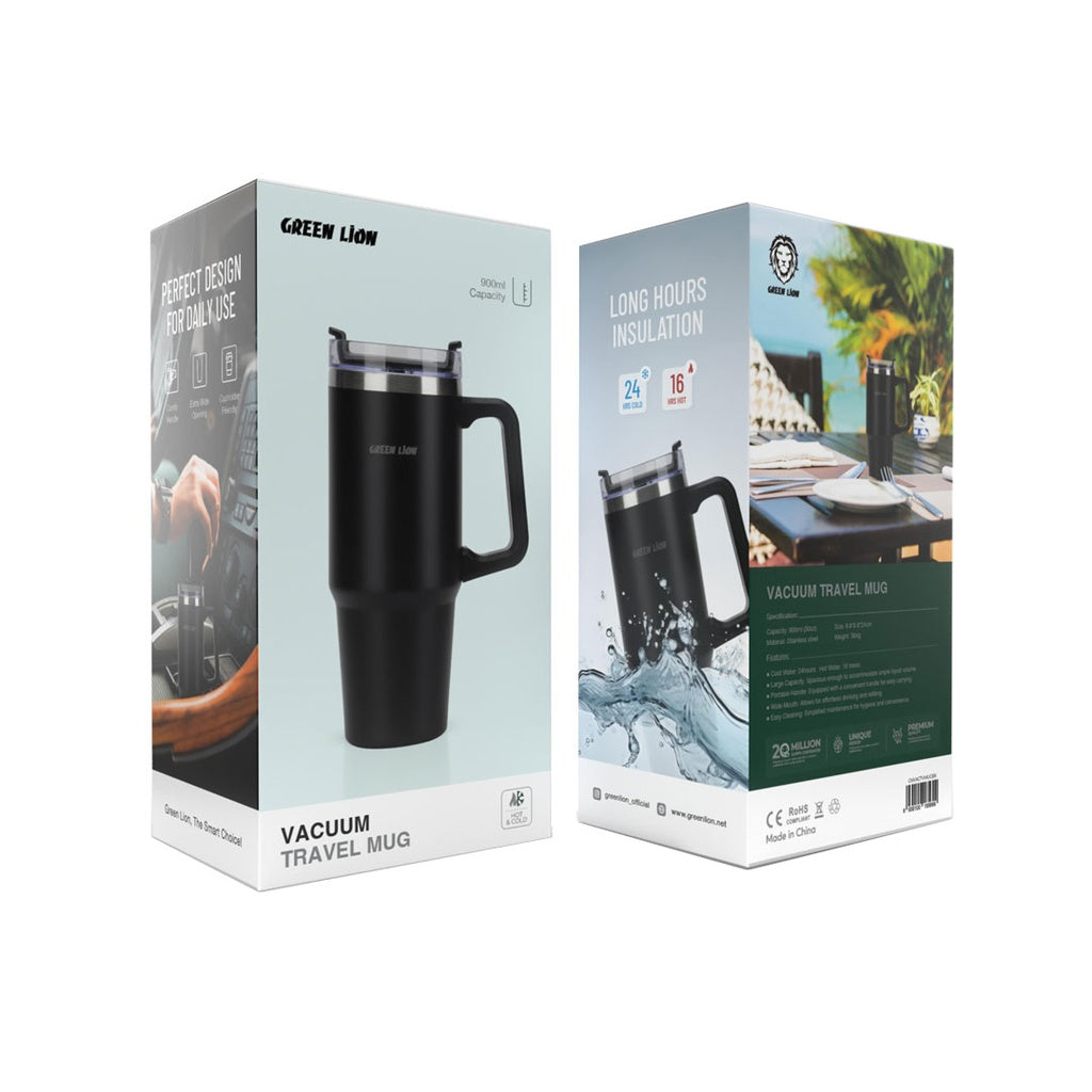 Package Of Green Lion Vacuum Travel Mug.
