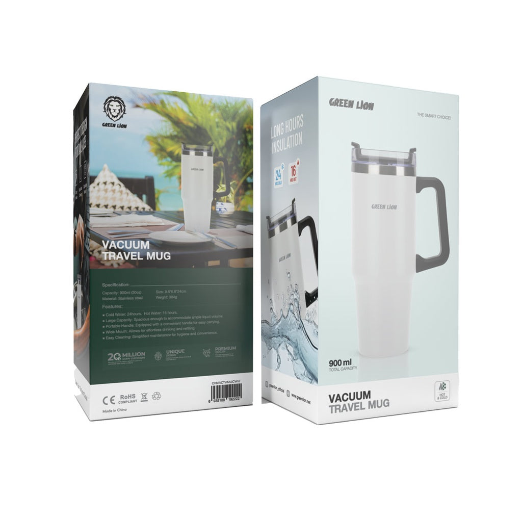 Package Of Green Lion Vacuum Travel Mug.