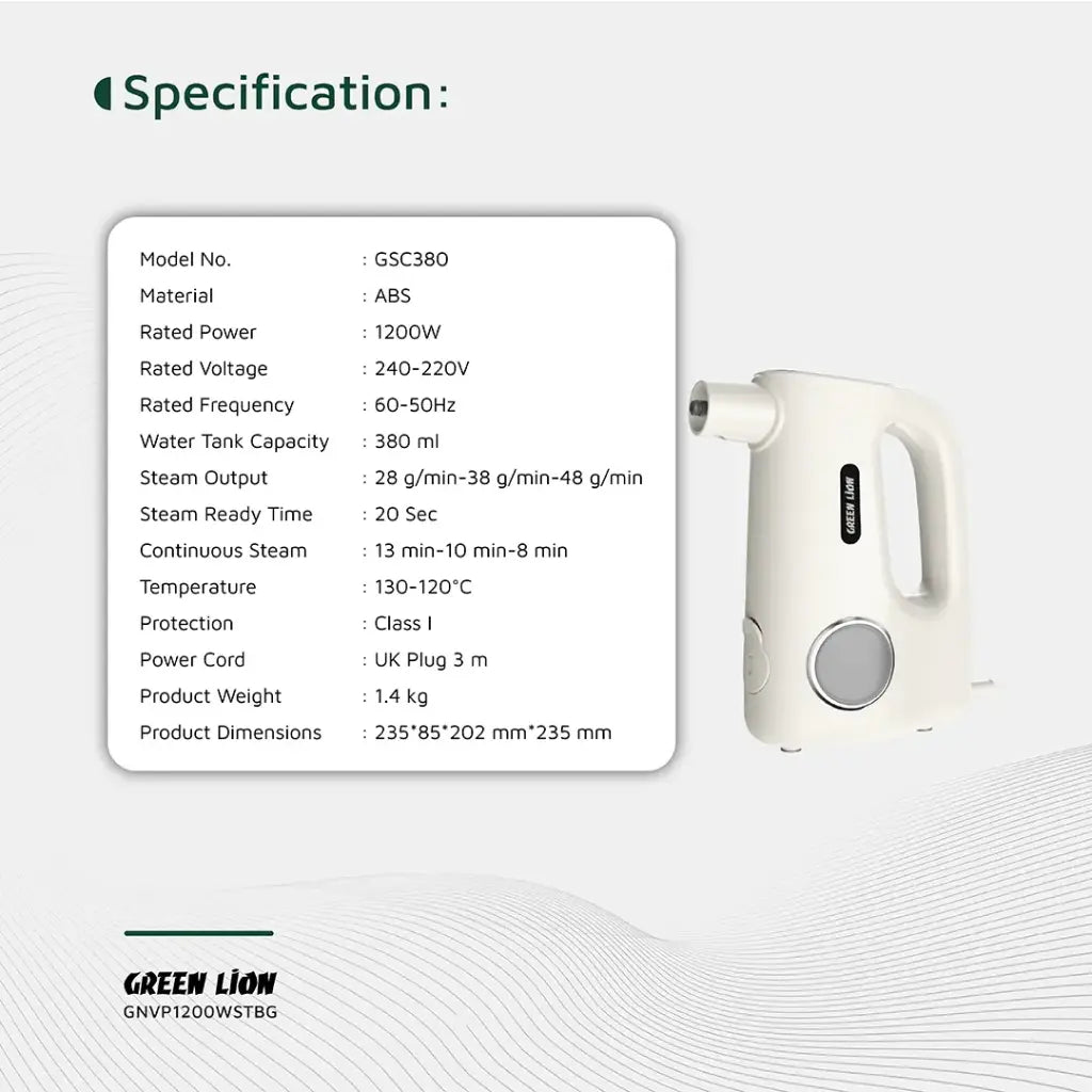 White Green Lion Vapor Pro Steam Cleaner with specifications listed on a gray background