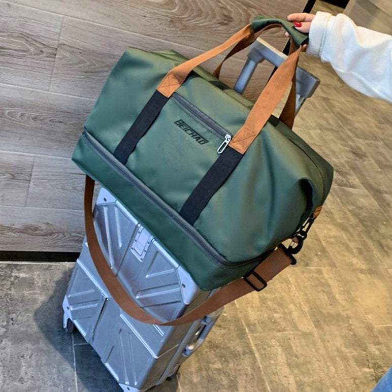 A Girl is Carrying Multi-functional Fashion Fitness Travel Duffle Bag.