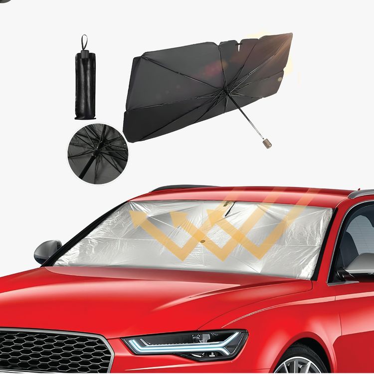 A Green lion Car Windshield Umbrella is Fixed On a Car.