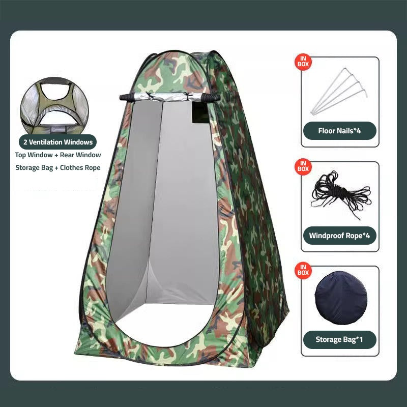 pop-up privacy tent for outdoor camping, designed for changing clothes, showering, or toilet use in the forest or beach areas.