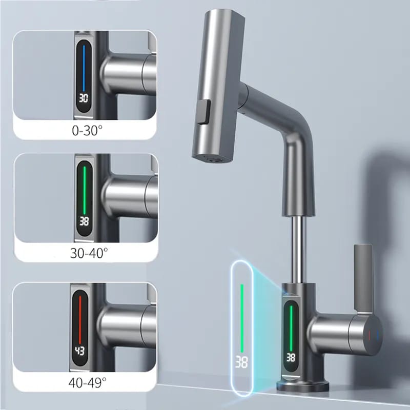 Grey Digital Display Pull Type Kitchen Faucet.