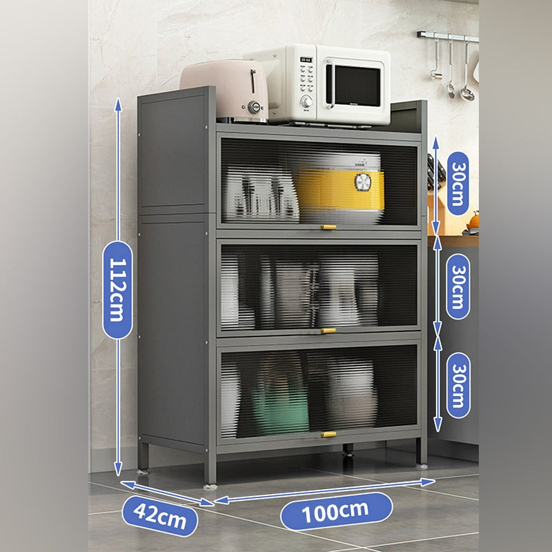 Size Of Grey Kitchen Pantry Storage Cabinet Cupboard Placed On The Side Of Kitchen With Kitchen Items.