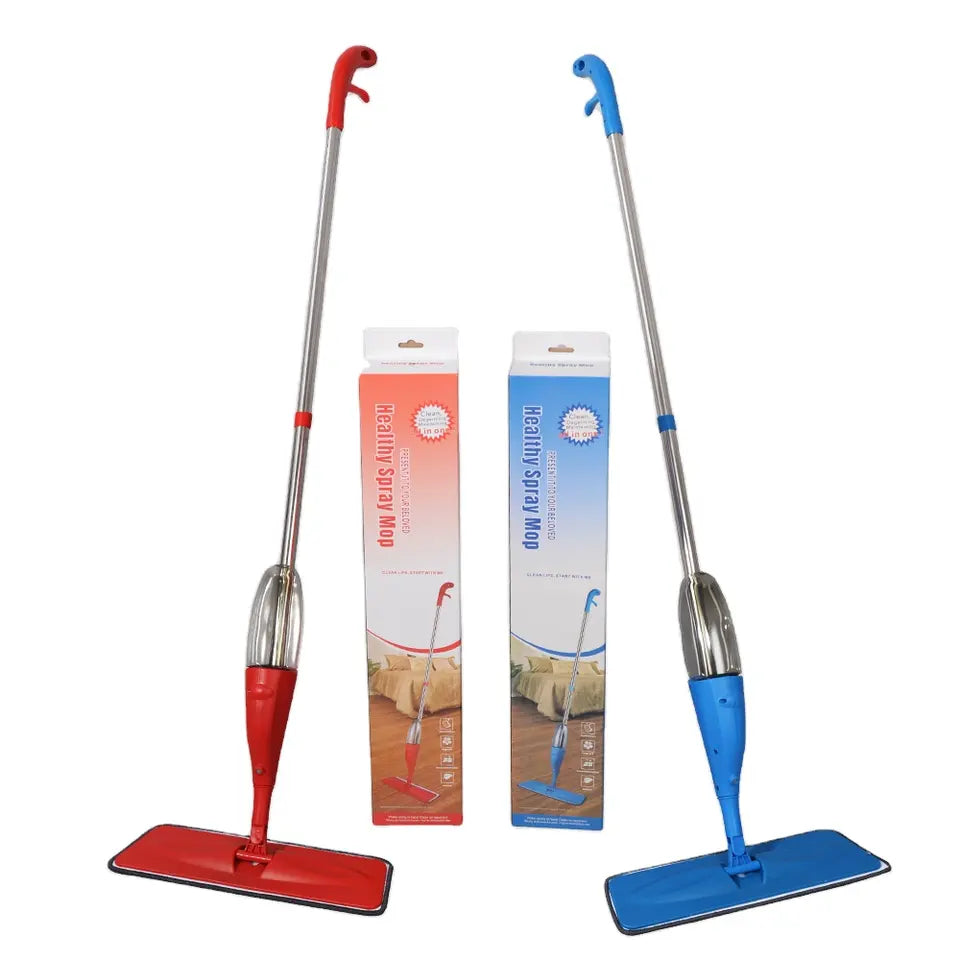 Showcasing two Lightweight Water Spray Mops in Blue and Red colors along with their boxes