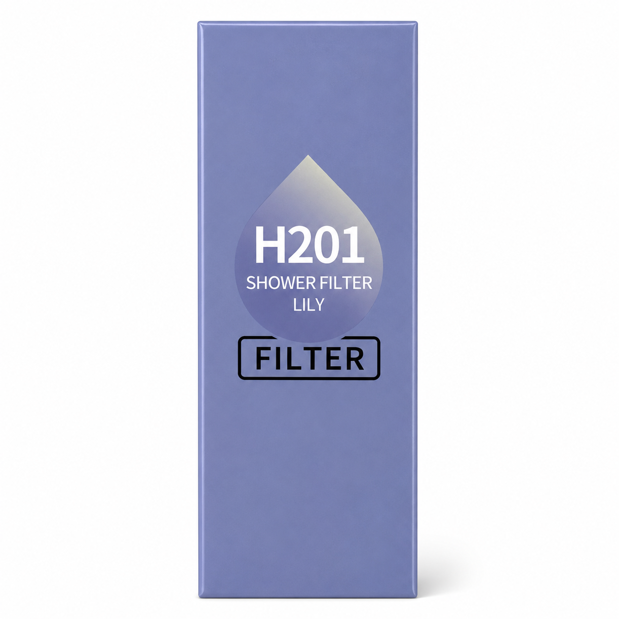Purple packaging of H201 Shower Filter Lily with a water droplet graphic on a white background