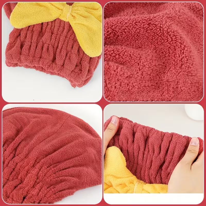Collage of a Hair Drying Cap with a yellow bow, showing texture and use.
