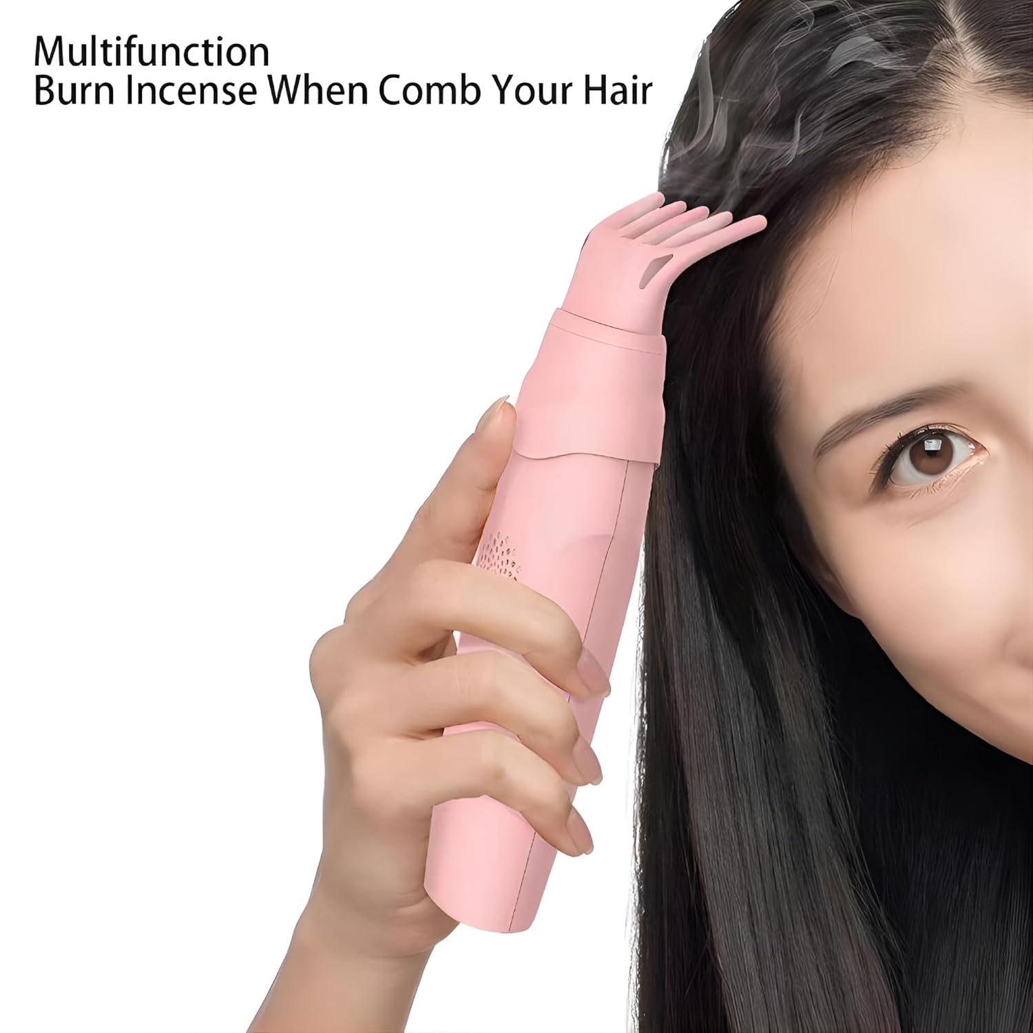 A Woman is Using Handheld Hair Bakhoor Burner Comb on Her Hair.