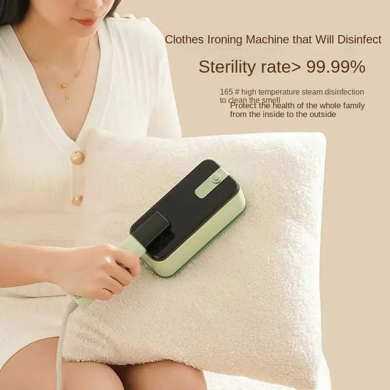 A Women is Ironing Pillow Using Handheld Travel Garment Iron Steamer.