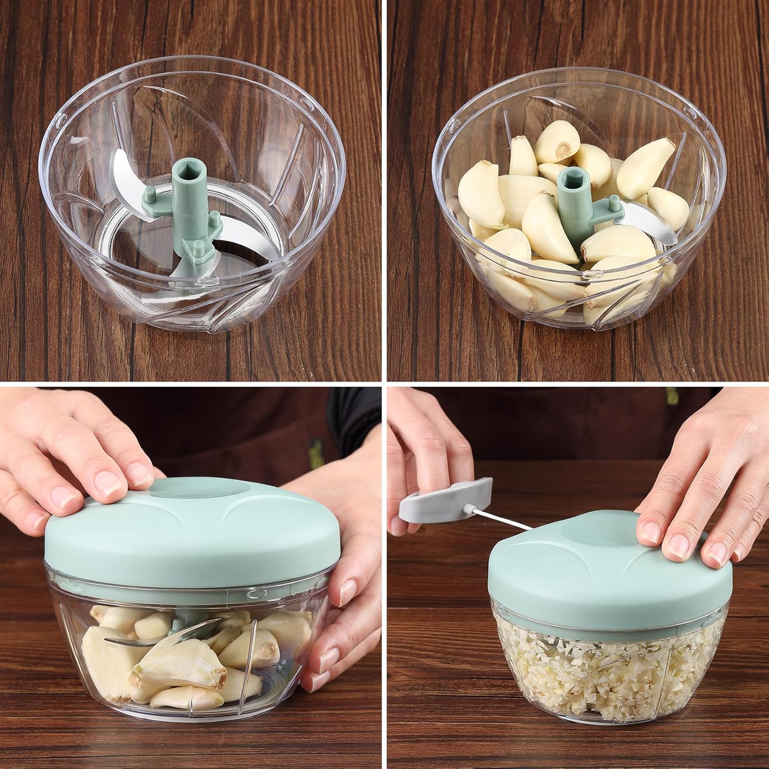 A Person is Chopping Garlic using Handheld food chopper.