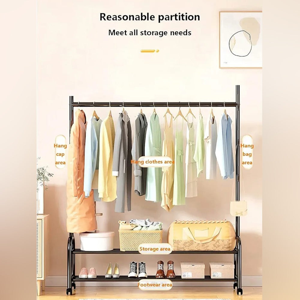 Heavy Duty Clothes Organizer Hanger Rack With Clothes and Shoes Are Arranged On it.
