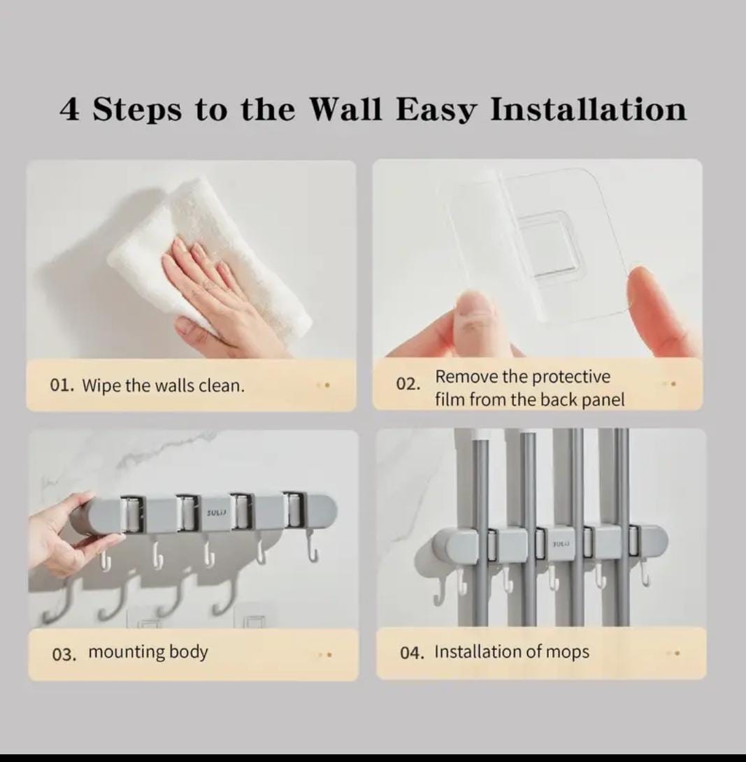 Wall-Mounted Mop Holder & Broom Hanger - with Hooks for Bathroom and Kitchen Organization