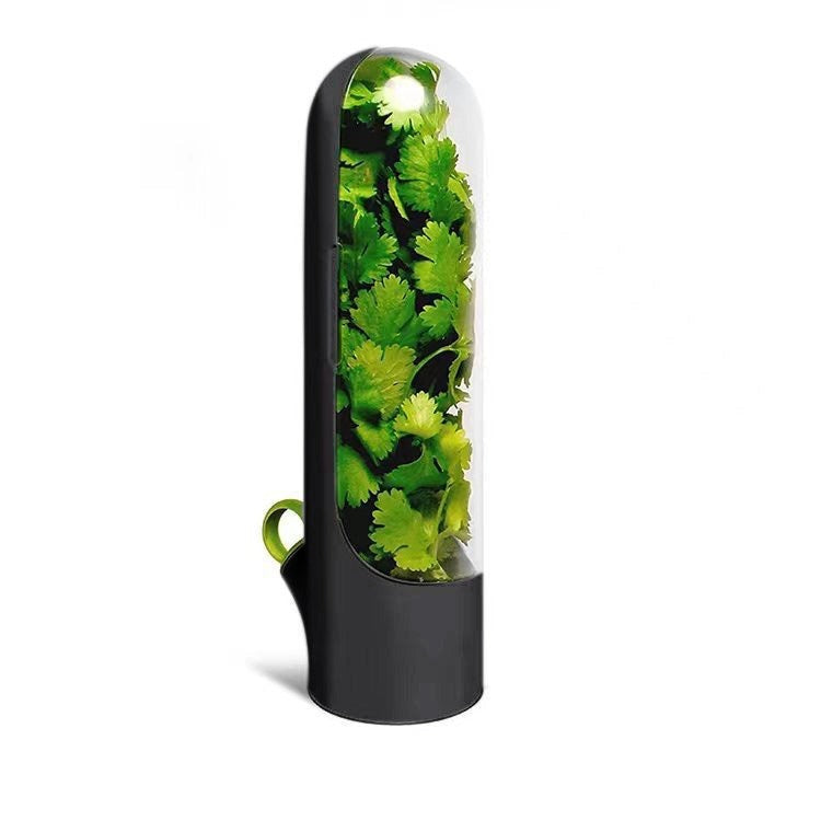 Herb Saving Pod For Refrigerator Having Coriander Leaves.