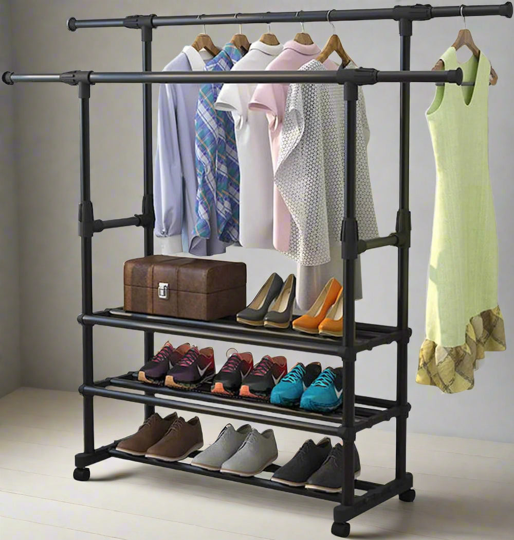 High Quality Cloth Hanger with Clothes and Shoes are Organized in it.
