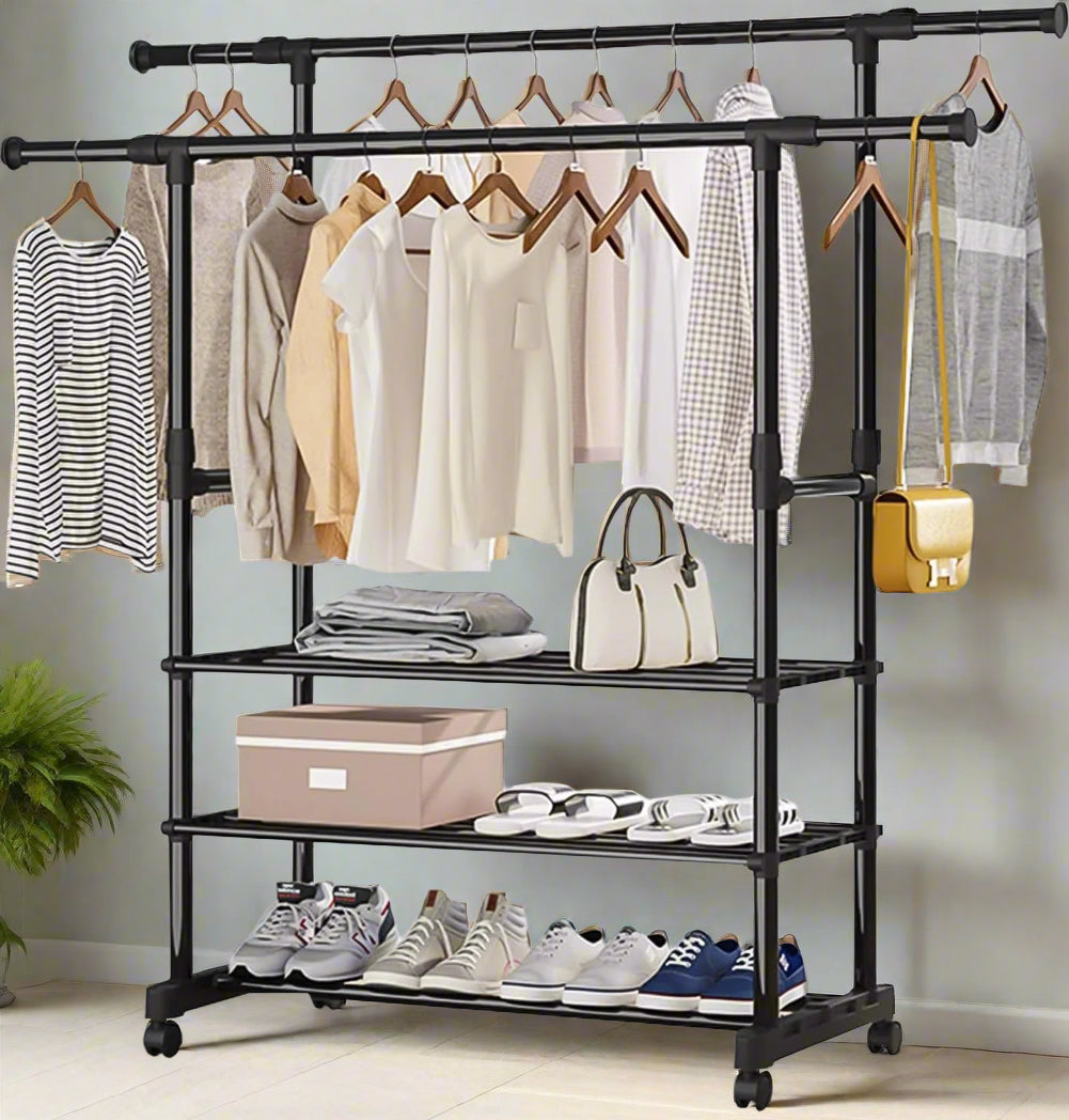 High Quality Cloth Hanger with Clothes and Shoes are Organized in it.