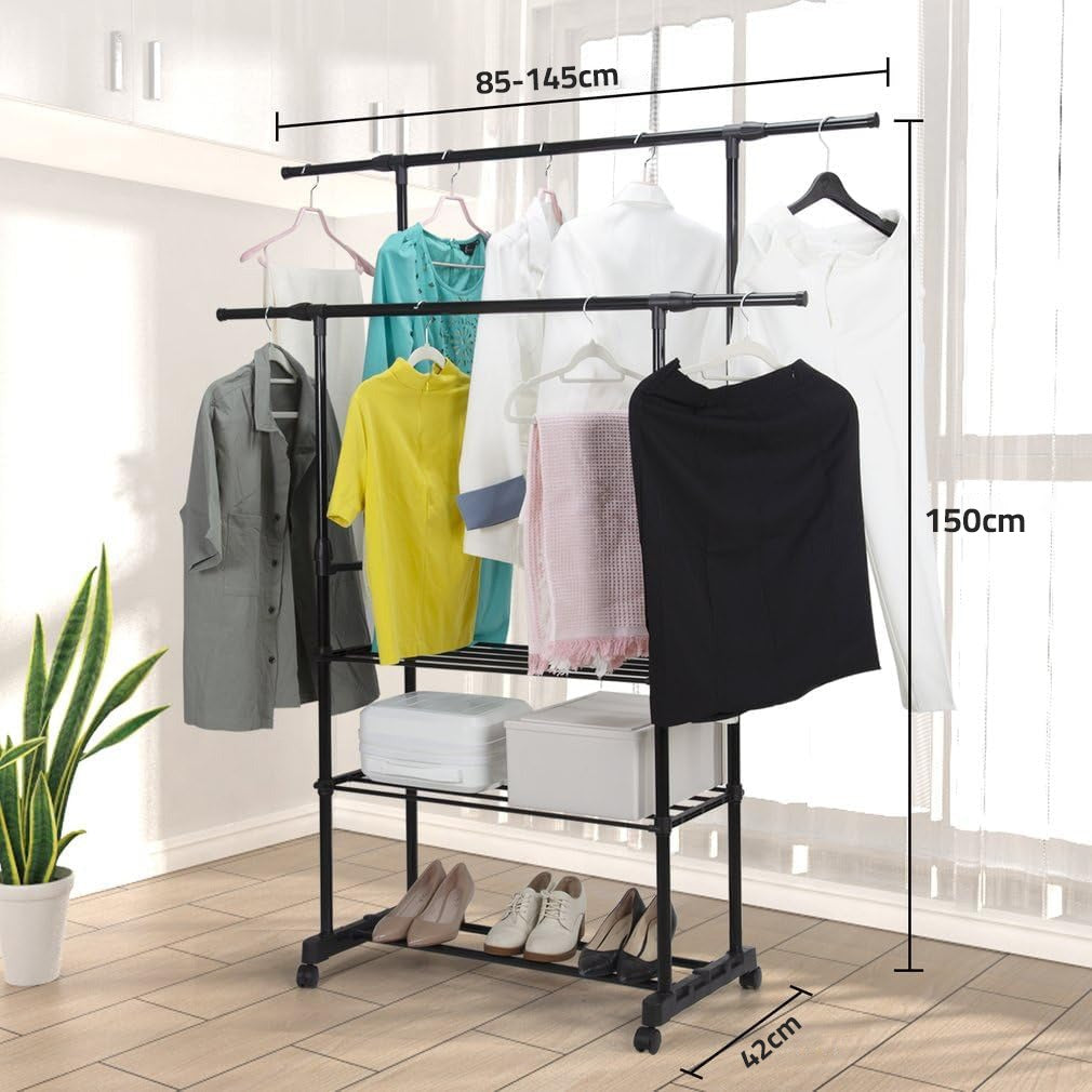 Size Of High Quality Cloth Hanger with Clothes and Shoes are Organized in it.