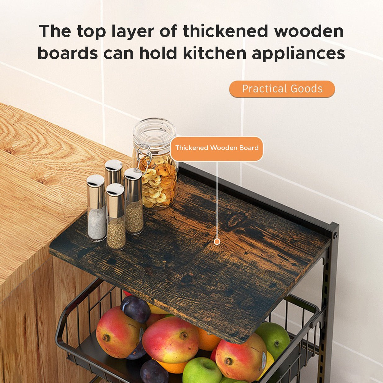 Adjustable Fruit Vegetable Basket Cart with a top layer of thickened wooden boards that can hold kitchen appliances