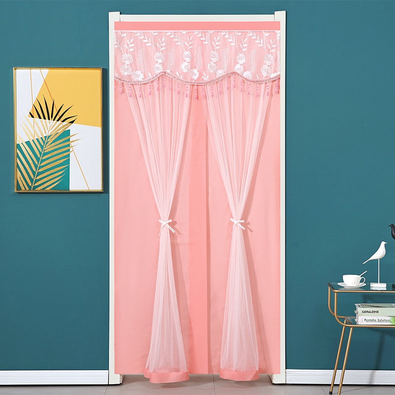 Pink Double-Layered Lace Curtain.
