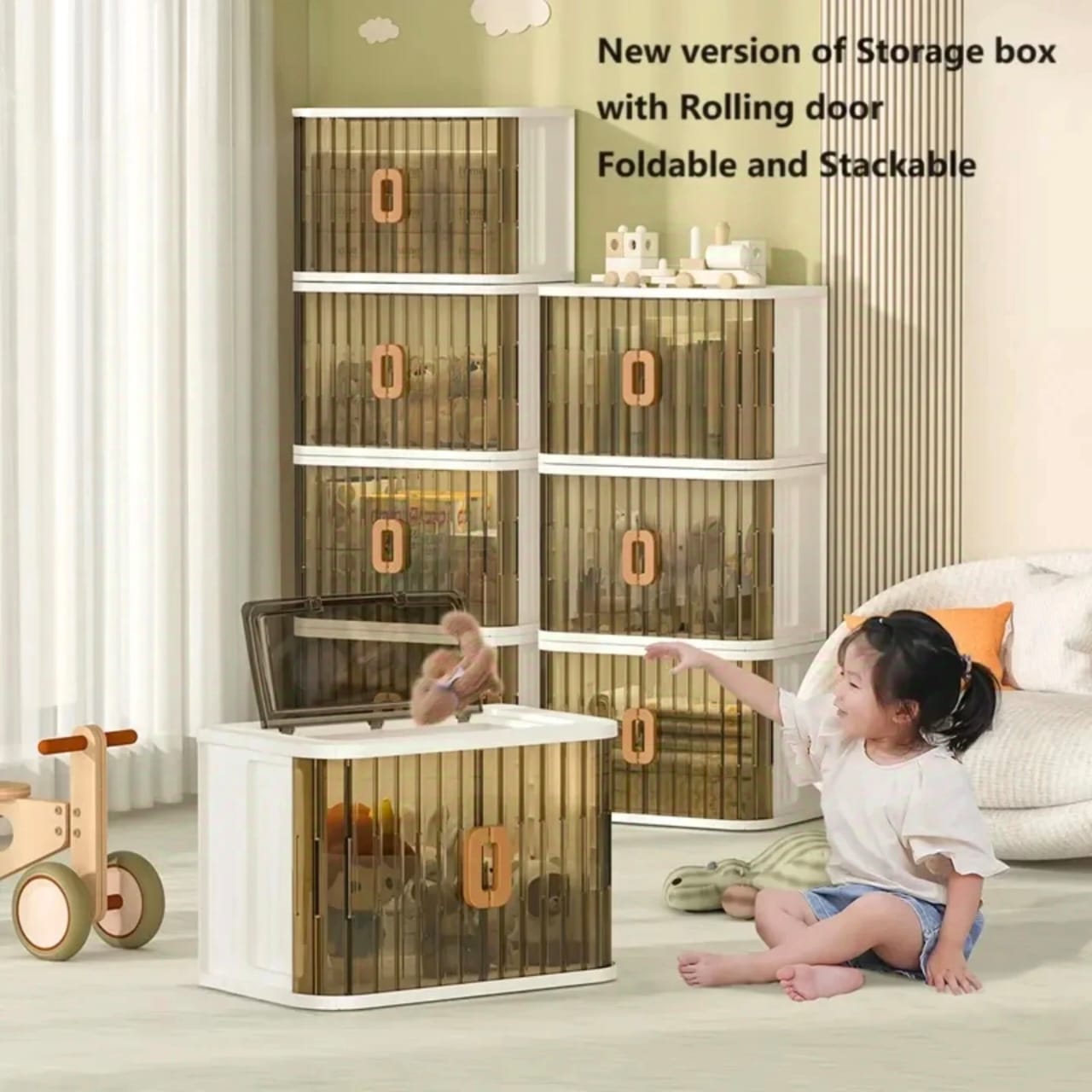 A Child is Keeping Her Toy in a Home Storage Bins.