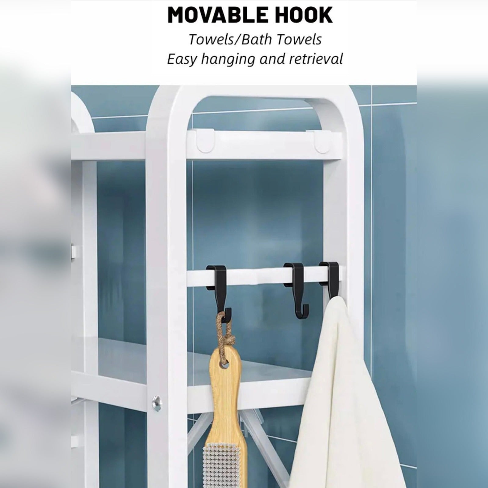 Hooks Are Fixed On The Multi-Layer Laundry Shelf Rack Where Bath Towel and Brush are Hanged On it.