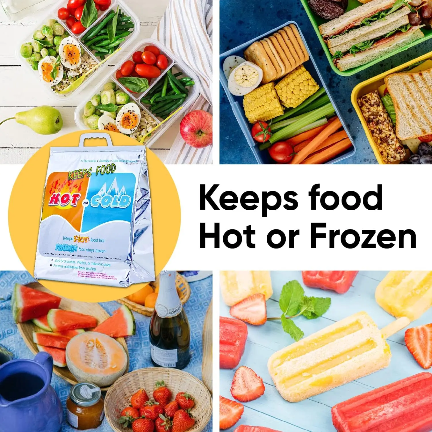 Hot and Cold Thermal Insulated Reusable Bag with Different Food Items.