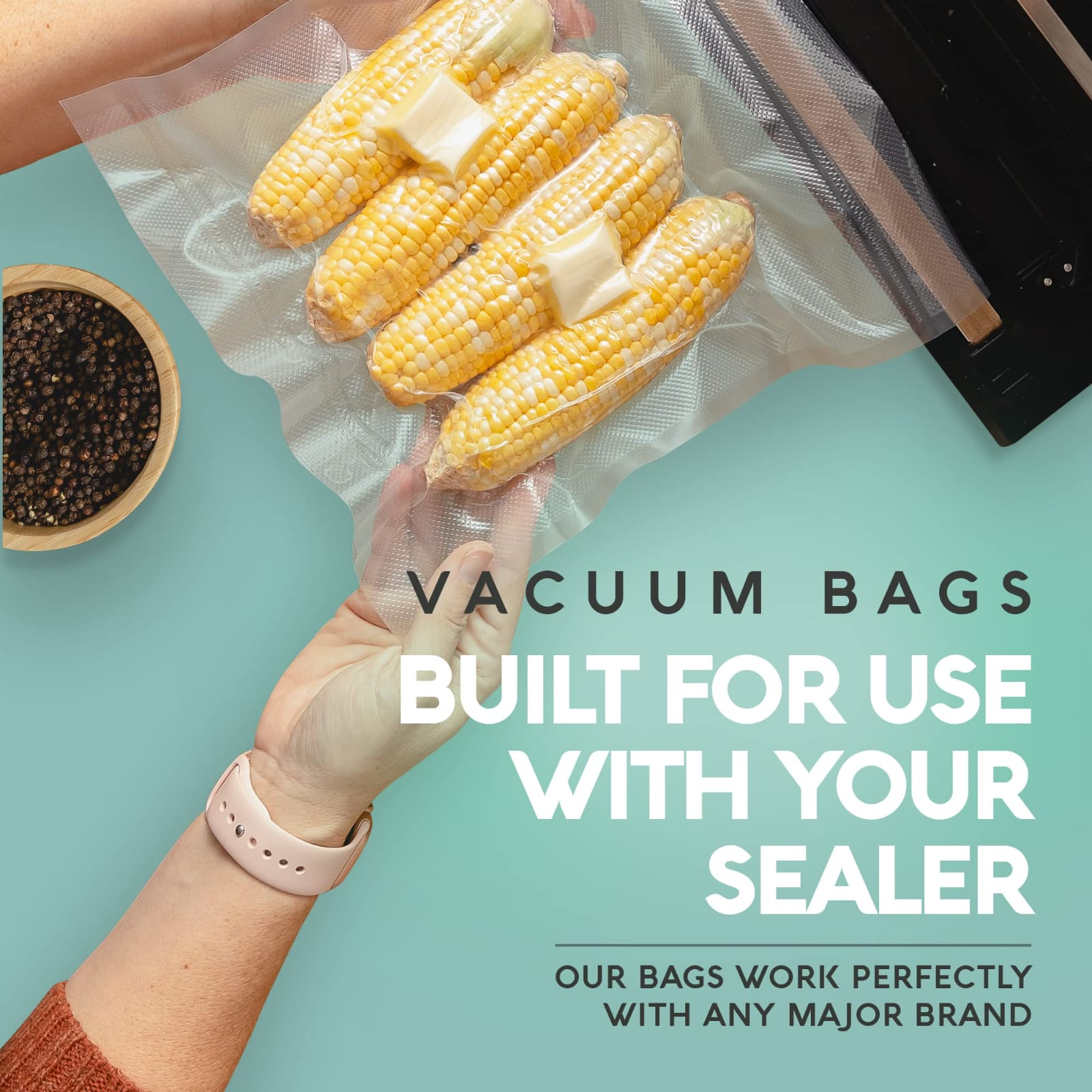A Person is Packing Corn in Food Vacuum Sealer Bags.