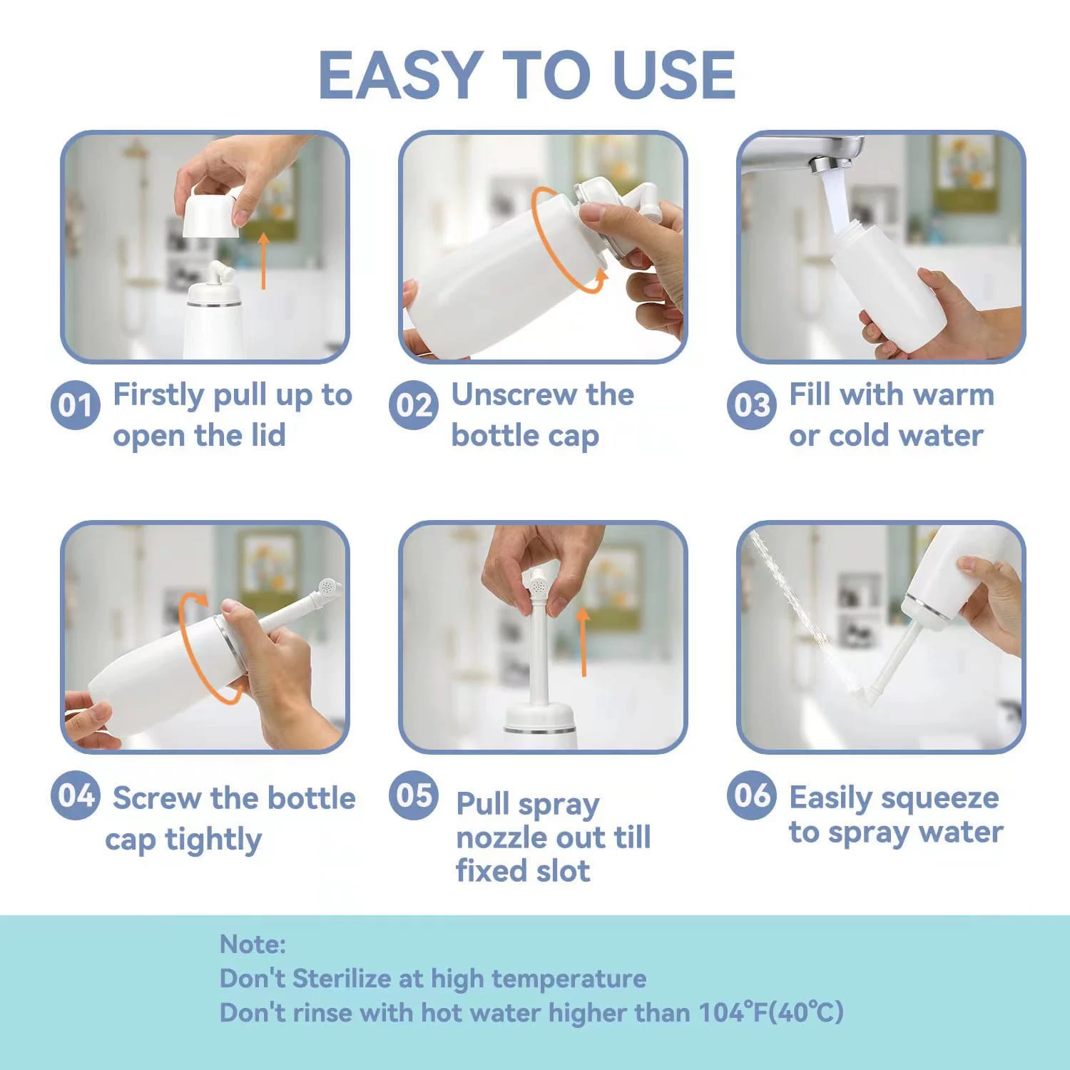 Virtual instructions on how to use the Portable Travel Bidet Bottle