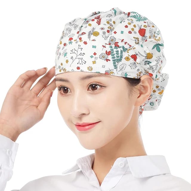 A lady wearing a Kitchen Household Adjustable Cooking Chef Cap