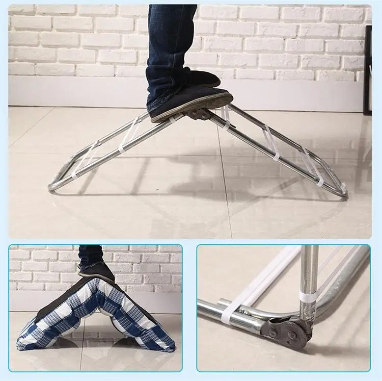 Collage image displaying a person showing the capacity of Lazy Lounge Sofa Bed by standing on it