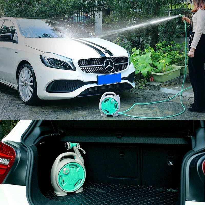 Collage image shows a Blue color Water Spray Gun Set kept inside a boot of car and on the other side a person washing car using Water Spray Gun Set
