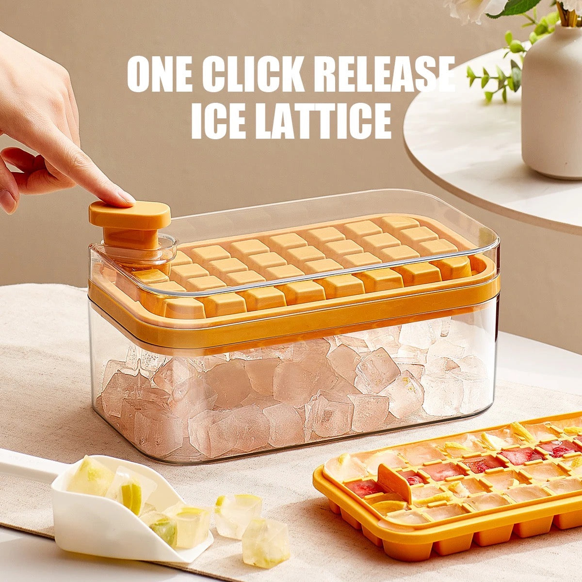 A durable, transparent ice tray with a one-click release mechanism, perfect for making ice cubes effortlessly