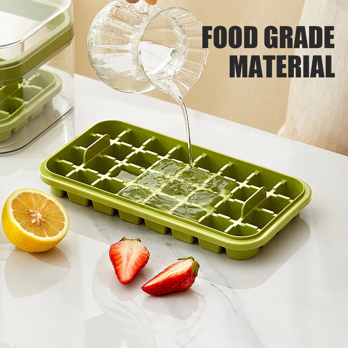 A durable, transparent ice tray with a one-click release mechanism, perfect for making ice cubes effortlessly