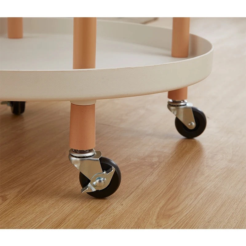 A close-up view of the multi-tier mobile storage table