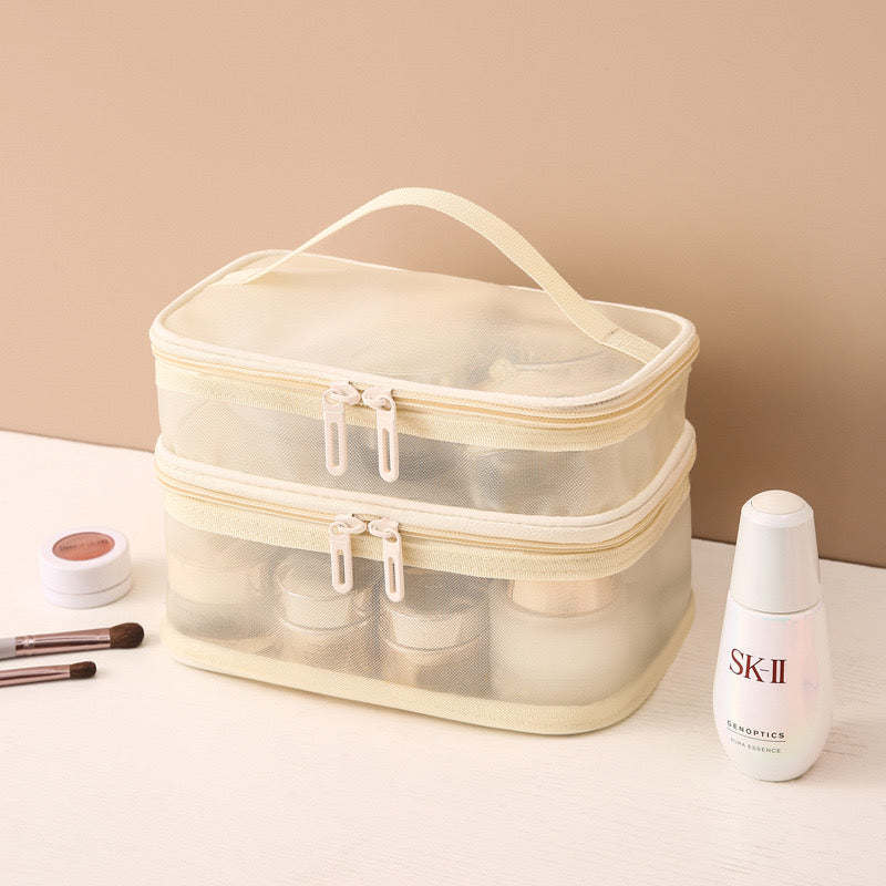 Double Layer Mesh Cosmetic Bag in beige color
