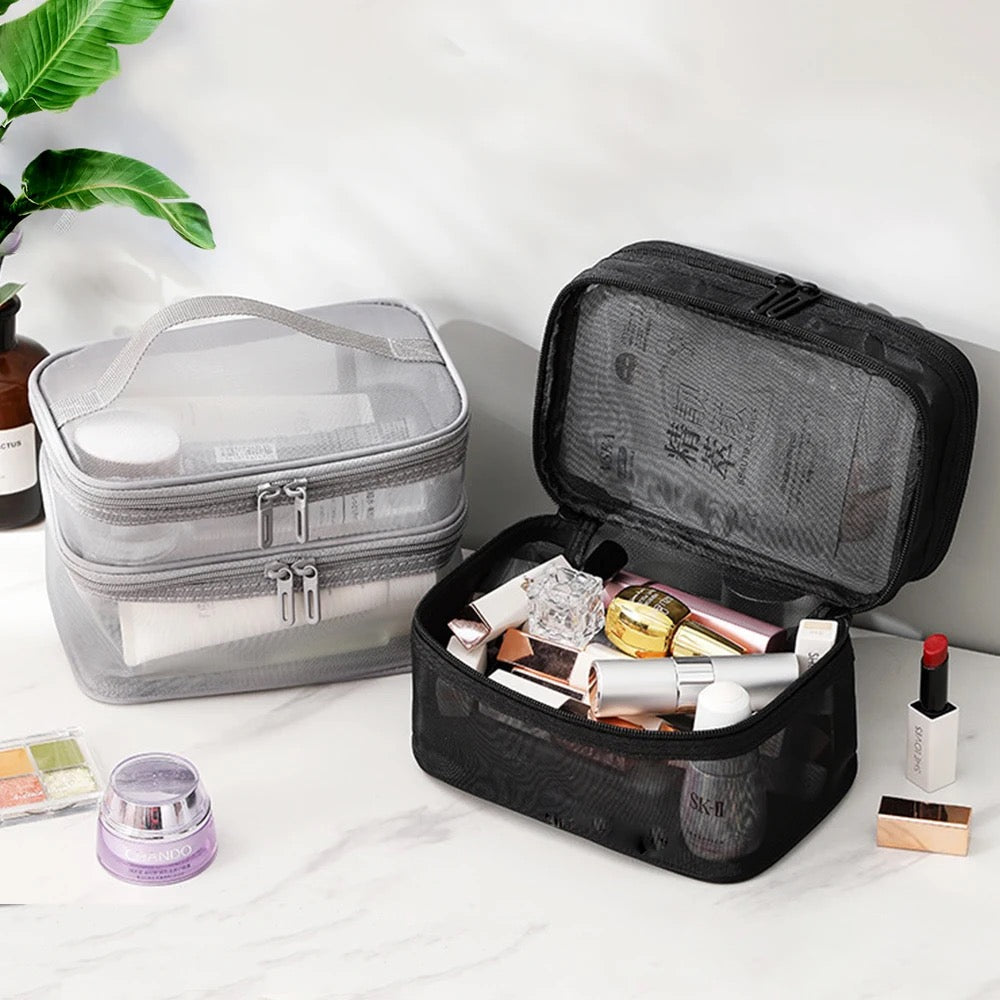 Double-layer mesh cosmetic bag with Makeup items in it