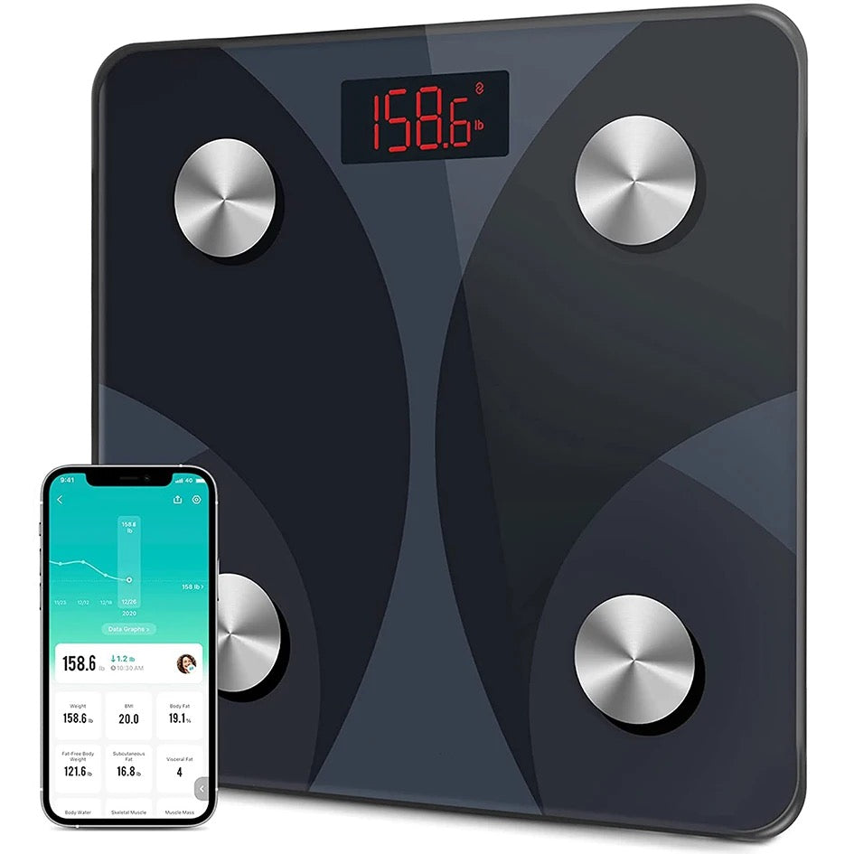 Bluetooth Body Fat Scale next to a smartphone